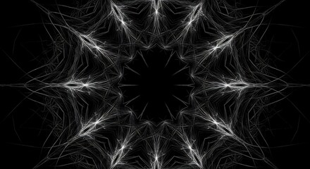 A symmetrical pattern against black Features linear white streaks converging towards the center