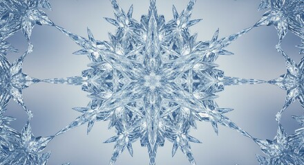 A symmetrical pattern of ice crystals radiating from a central point on a gradient blue background