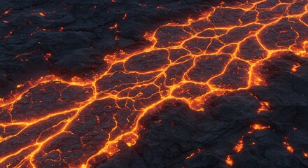 A textured dark grey surface with glowing orange cracks depicting lava flows
