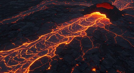 A volcano erupts molten lava flows over cracked dark terrain The lava is a bright orange