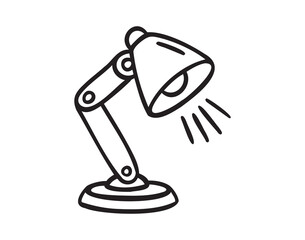 Desk lamp with bright bulb, cozy study light, line art school doodle, outline contour, monochrome, hand drawn