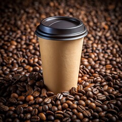 Disposable Coffee Cup Surrounded by Roasted Coffee Beans paper cardboard
