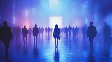 Silhouette crowd walking towards a bright doorway in a neon lit futuristic hallway. Possible use stock photo for technology, business, leadership