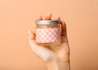 Woman's Hand Holding Small Glass Jar with Pink Gingham Pattern and Silver Lid image photo