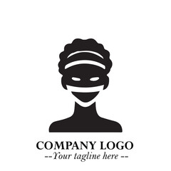Elegant Woman Wearing Mask Logo Symbol in Black on White Background with Minimalist Modern Design