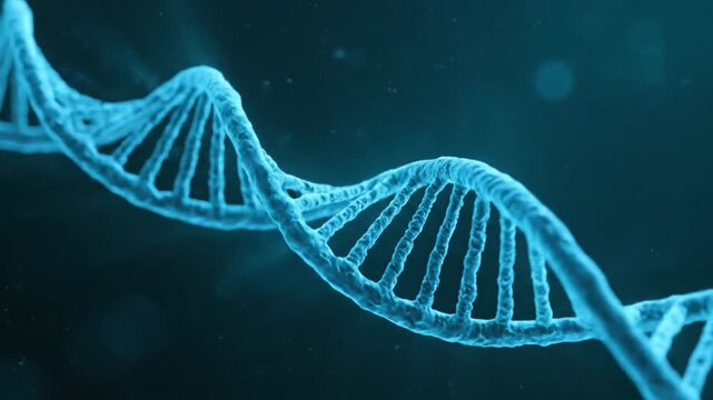 3D Rendering of a Teal Colored DNA Helix Rotating on a Dark Background with Light Particles for Medical Visualization and Genetic Research Advertising and Scientific Studies and Corporate