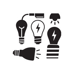 Collection of black and white light bulb icons and lighting elements electricity energy Silhouette On White Background.