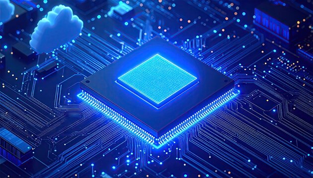 Blue Lit Microchip on Circuit Board with Cloud Symbolizing Cloud Computing Technology