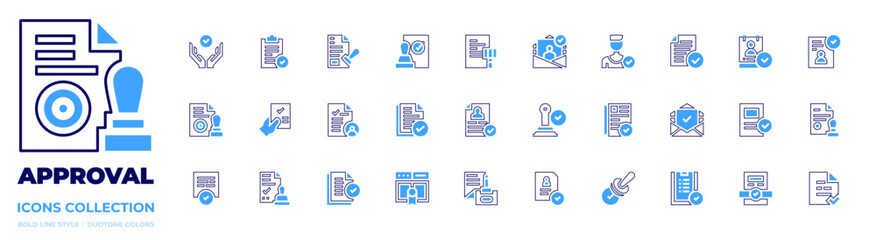 Approval icon collection. Bold line style. Duotone colors. documents, validation, seal certificate, project, appraisal, file, check, cv, stamp, approval, email