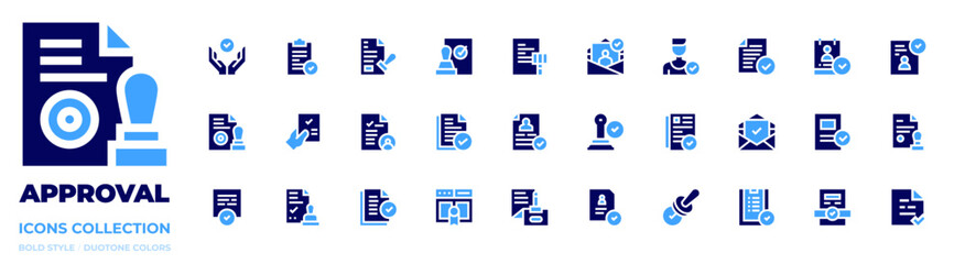 Approval icon collection. Bold style. Duotone colors. documents, validation, seal certificate, project, appraisal, file, check, cv, stamp, approval, email