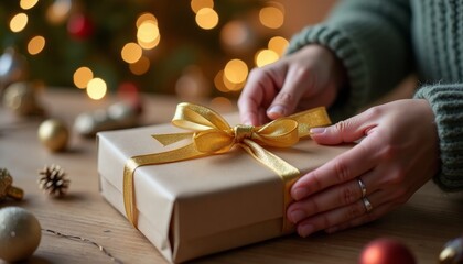 Hands wrapping a Christmas gift with a golden ribbon. The background features a decorated Christmas tree and festive ornaments, creating a warm holiday atmosphere.