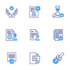 Approval icon set. Bold line style. Duotone colors. Editable stroke. validation, document, approved, follower, paper, hired, stamp