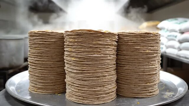 Stacks of tortillas for gurpurab celebration in a traditional setting
