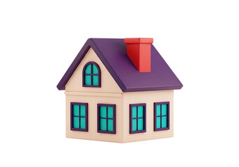 3d illustration of a charming cartoonstyle house with a purple roof and red chimney, isolated on transparent background on transparent background