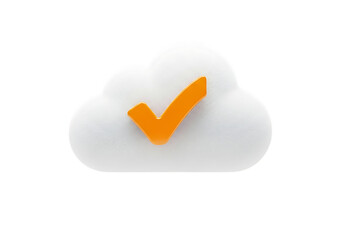 3d illustration of a fluffy white cloud with a bright orange checkmark, symbolizing confirmation or success, isolated on transparent background on transparent background