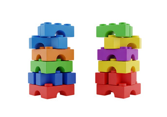 3d illustration of two colorful stacks of building blocks, one blue and orange, the other green and yellow, isolated on transparent background on transparent background