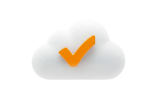 3d illustration of a fluffy white cloud with a bright orange checkmark, symbolizing confirmation or success, isolated on transparent background on transparent background