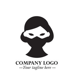 Elegant Woman Wearing Mask Logo Symbol in Black on White Background with Minimalist Modern Design