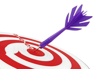 3d illustration of purple dart hitting the bullseye of a red and white target, isolated on transparent background on transparent background