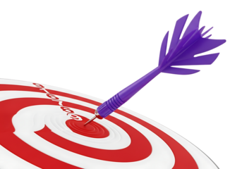 3d illustration of purple dart hitting the bullseye of a red and white target, isolated on transparent background on transparent background