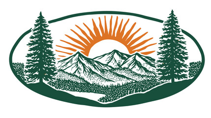 Obraz premium Vintage Mountain Landscape Emblem with Pine Trees and Rising Sun. Rustic Outdoor Nature Vista Badge Design, Forest Peaks Illustration.