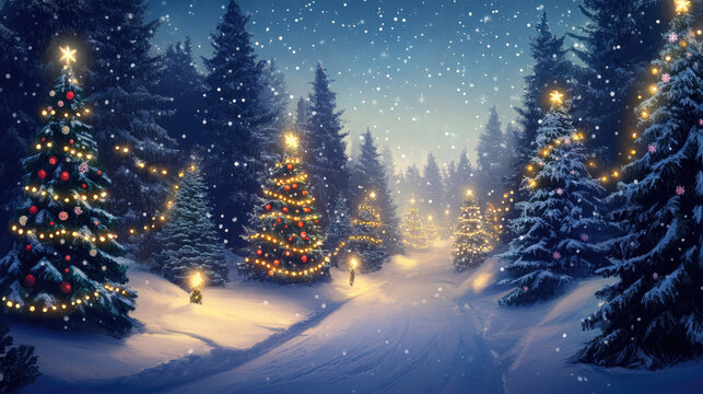 enchanting winter wonderland illustration of an illuminated christmas tree forest on a snowy night with festive decorations in a magical artificial twilight setting digital art