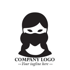 Elegant Woman Wearing Mask Logo Symbol in Black on White Background with Minimalist Modern Design
