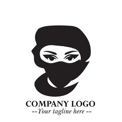 Elegant Woman Wearing Mask Logo Symbol in Black on White Background with Minimalist Modern Design