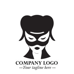 Elegant Woman Wearing Mask Logo Symbol in Black on White Background with Minimalist Modern Design