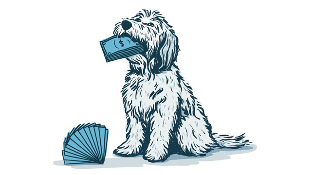 Whimsical illustration of a fluffy, shaggy dog holding a stack of blue cash bills in its mouth, sitting next to fanned money, financial success concept on white background
