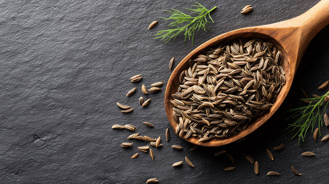 Aromatic Cumin Seeds on Slate: A close-up captures the earthy elegance of cumin seeds spilling from a wooden spoon against a textured slate background.