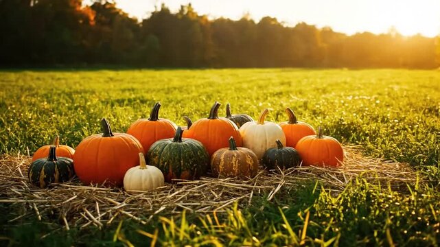 Abundance of Pumpkins in Golden Meadow on a Sunny Autumn Day with Warm Sun Rays Orange Green and White Gourds Displayed on Hay Bales Amidst Green Grass for Festive Fall Harvest Scene