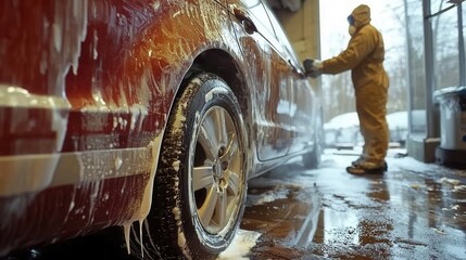 Worker in protective suit sprays fresh foam on a vehicle during car wash service at auto detailing shop in winter