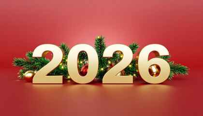 2026 Gold Numbers with Pine Leaves and Bell on Green