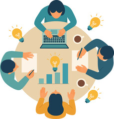 Flat vector illustration of people working together around a table with laptops, papers, and light bulbs. Perfect for teamwork, brainstorming, creativity, and office collaboration concepts.