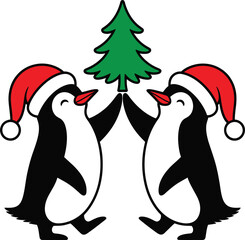 Adorable penguins wearing santa hats decorating a festive christmas tree together