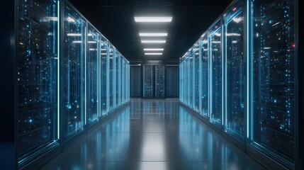 Modern futuristic server room with rows of high-tech data racks illuminated by blue LED lighting, white ceiling and bright lights, representing digital network, cloud computing, cybersecurity, data st