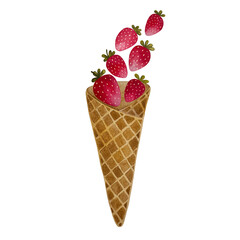 Watercolor strawberry waffle cone. Waffle cone with falling strawberries isolated on white background.