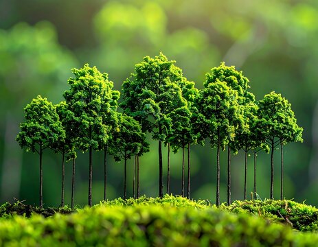A macro shot of small, model-like trees atop a bed of moss. The background is a blurred, green forest