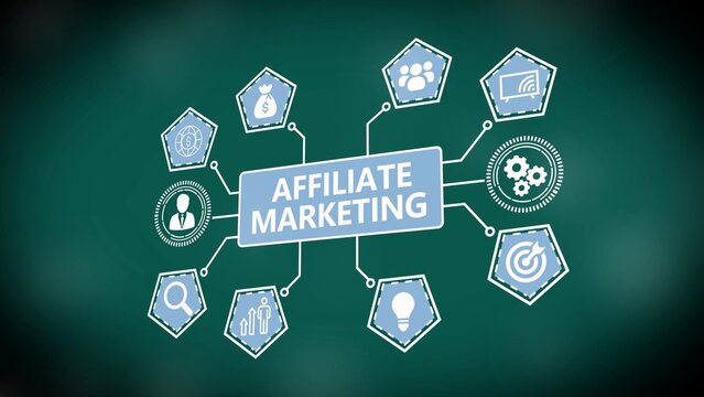 Affiliate Marketing Diagram with Icons on Teal Background marketing strategy business concept