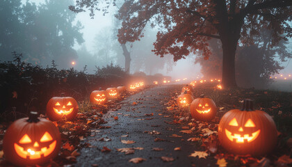 Jack-o'-lanterns glow in a spooky Halloween scene, creating a magical and festive atmosphere with a pathway lit by carved pumpkins