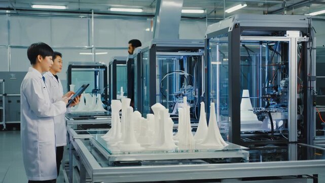 Technicians monitoring large industrial 3D printers creating complex geometric objects in high-tech laboratory, innovation, digital fabrication, modern technology, research and advanced manufacturing.