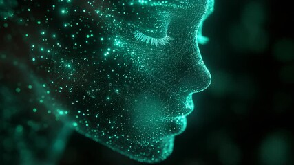 Abstract 3D render of human face formed by glowing green particles and dots in dark background, symbolizing technology, AI, imagination, digital art, science, neural networks, and futuristic vision. - Powered by Adobe