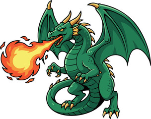 Red Dragon with Green Wings Breathing Fire Vector Illustration – Mythical Fantasy Creature, Fierce Mascot Art Isolated