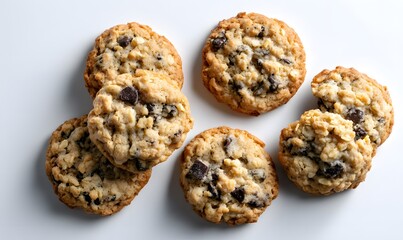 Oatmeal chocolate chip cookies, top-down view, white background.
