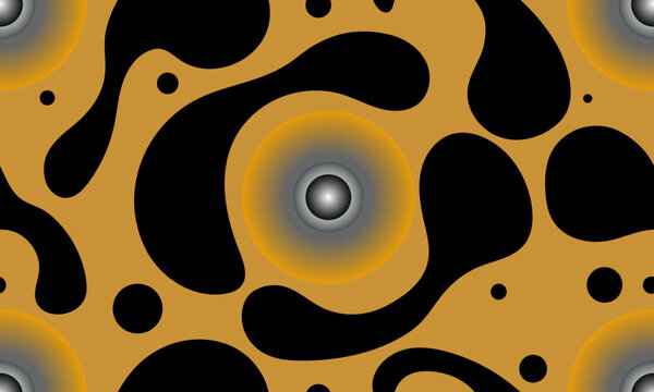 Seamless pattern in bright colors. Circles, shapeless geometric shapes of yellow and black colors on a yellow background.