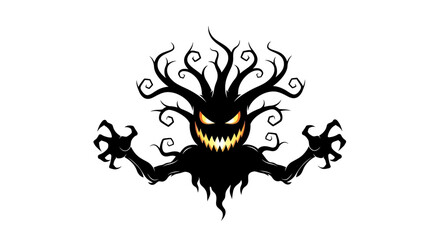 Creepy Halloween tree monster illustration with menacing glowing eyes and sharp claws