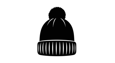 A simple black knitted winter hat with a pom-pom is depicted against a plain white background, symbolizing warmth and cold weather.