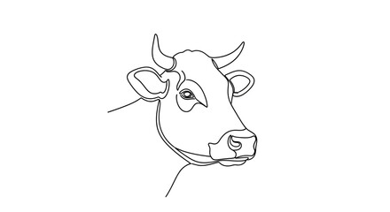 A simple, continuous line drawing captures the head of a cow in profile against a white background.