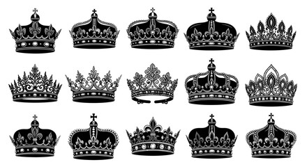 A collection of ornate black and white crown illustrations showcases royal regalia and symbols of power and prestige.